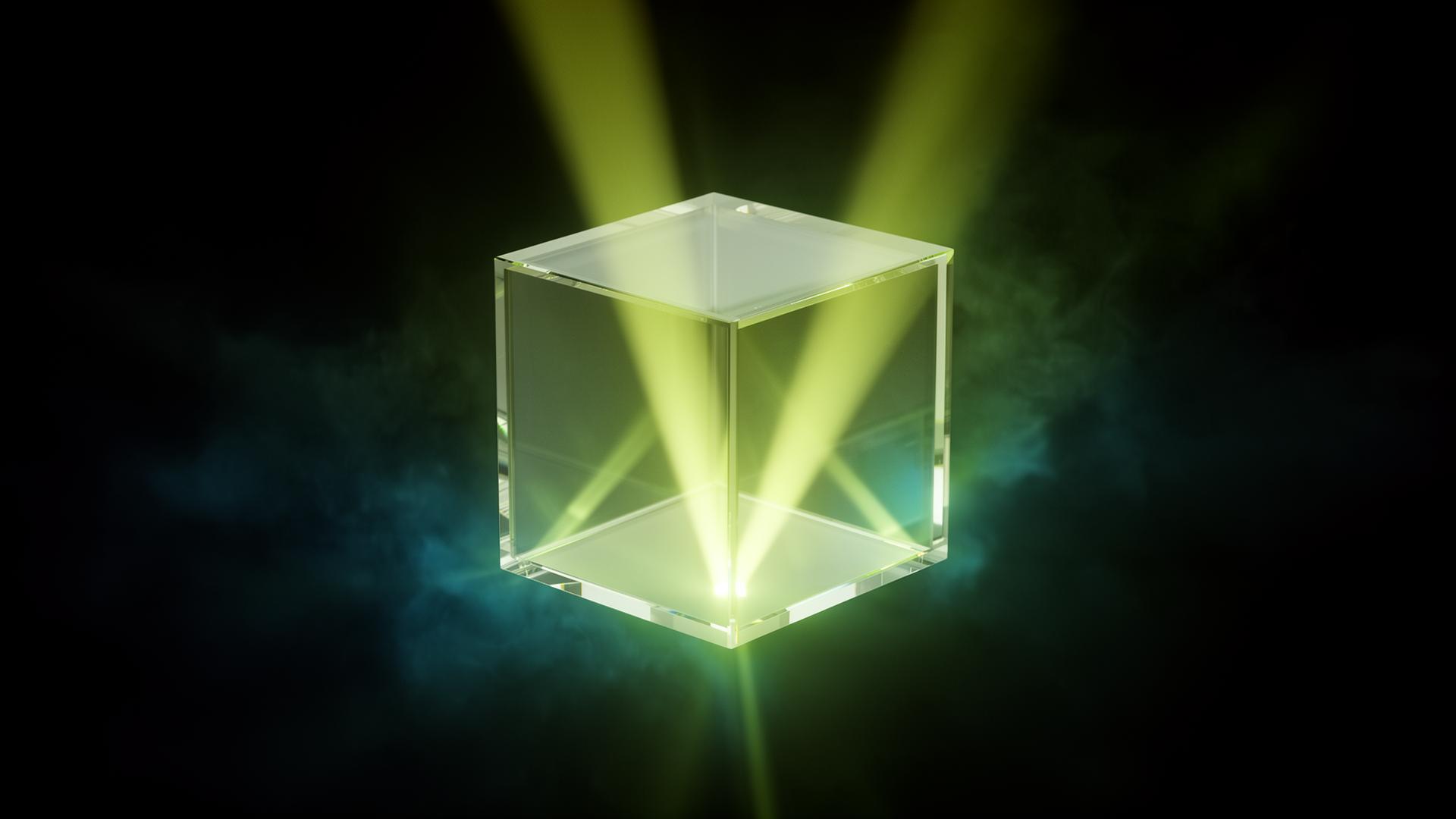 Glowing translucent cube symbolizing Squareone's product platform